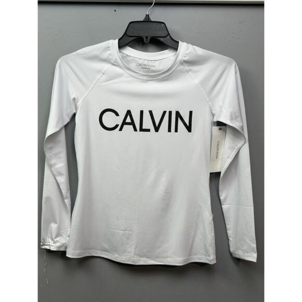Calvin Klein Long-Sleeve Rashguard Top Womens Small White Spellout‎ Swim 40 UPF